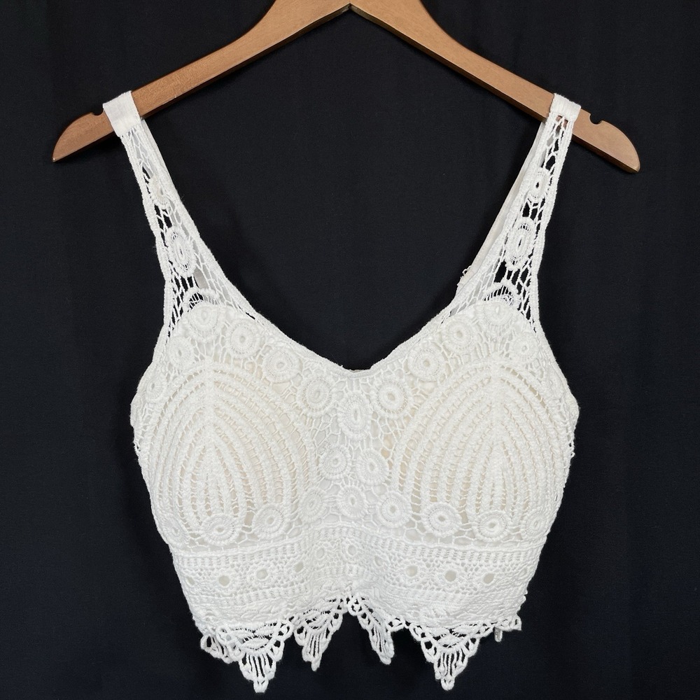 Rebellion Again Womens Crochet Lace Crop Top S Smocked Back Festival Beach Party